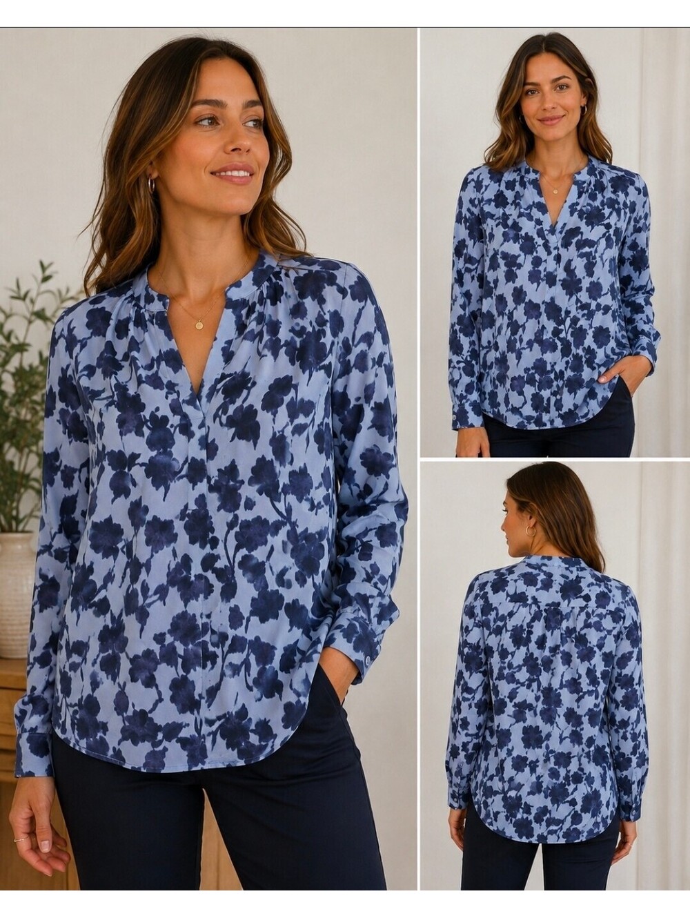 Simply Vera Vera Wang Women’s M Blue Floral Long Sleeve Blouse Career Top